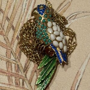 Vintage J Crew Colorful Parrot Brooch with Gold Chain